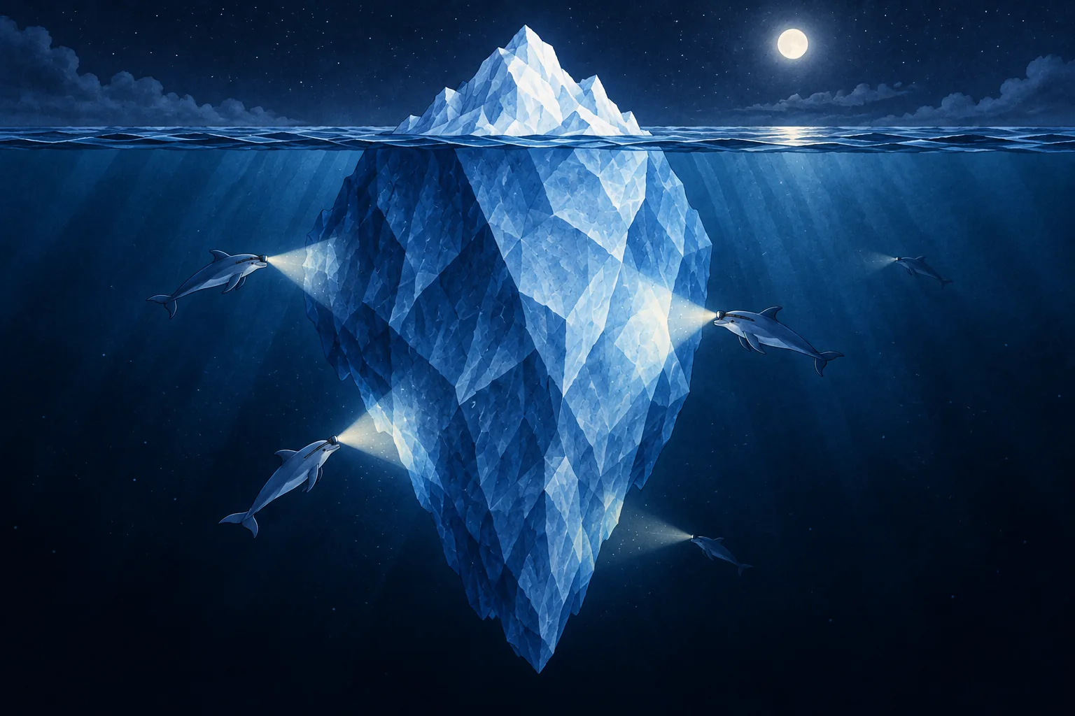 Five small dolphins explore an iceberg at night, their headlamps lighting separate parts of its submerged structure.